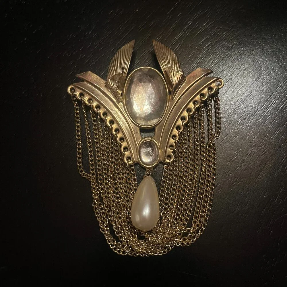 Vintage Egyptian Revival Art Deco Gold Tone Brooch w/ Faux Pearl and Rhinestone